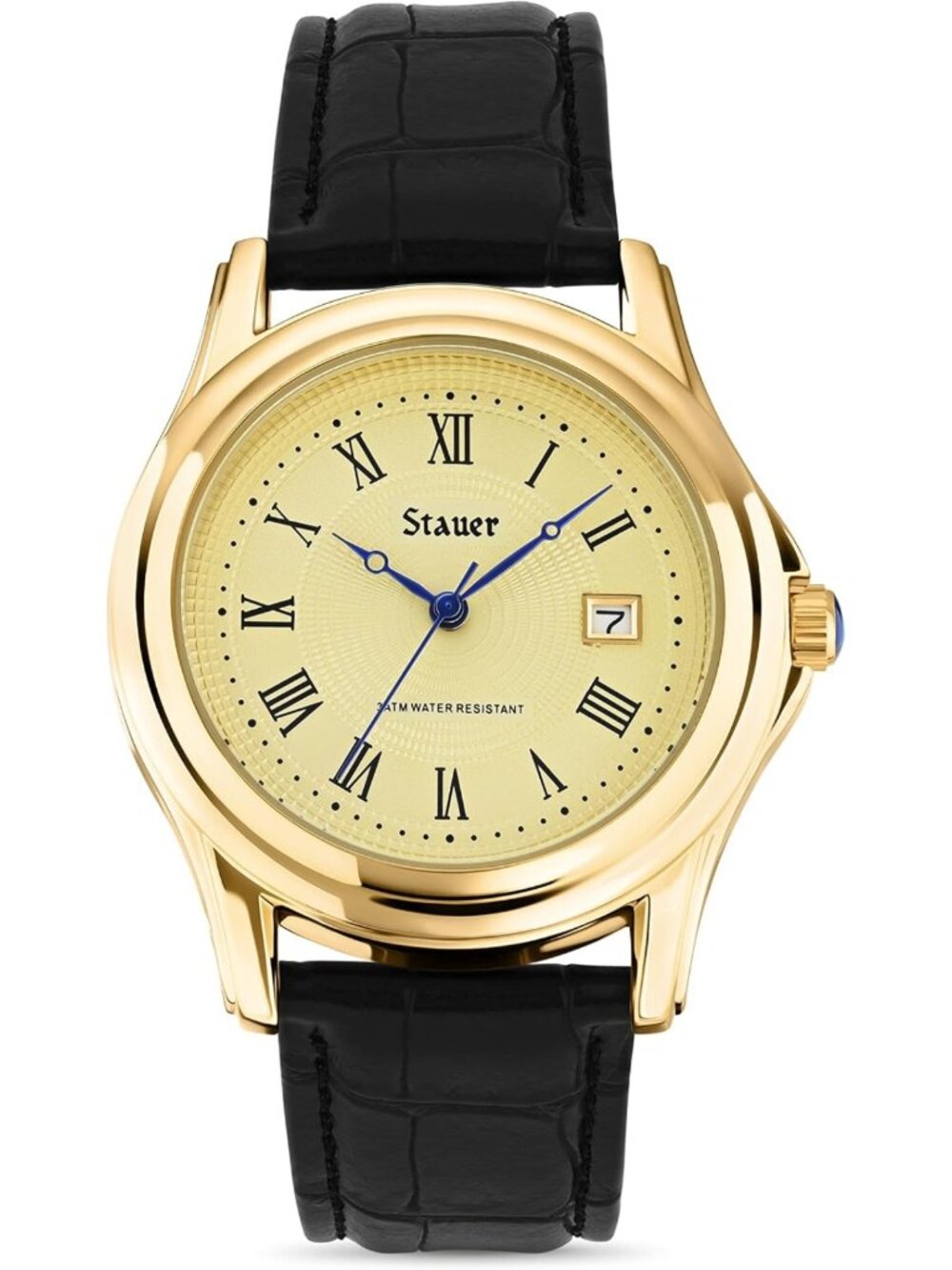 Stylish Men's Watch with Genuine Black Leather Band & Gold Case – Water